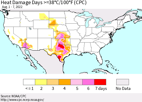 United States Heat Damage Days >=38°C/100.4°F (CPC) Thematic Map For 8/1/2022 - 8/7/2022