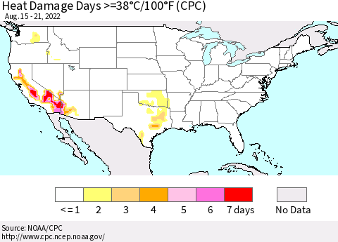 United States Heat Damage Days >=38°C/100°F (CPC) Thematic Map For 8/15/2022 - 8/21/2022