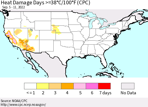 United States Heat Damage Days >=38°C/100°F (CPC) Thematic Map For 9/5/2022 - 9/11/2022
