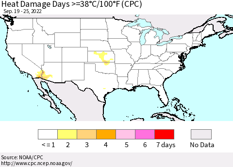 United States Heat Damage Days >=38°C/100°F (CPC) Thematic Map For 9/19/2022 - 9/25/2022