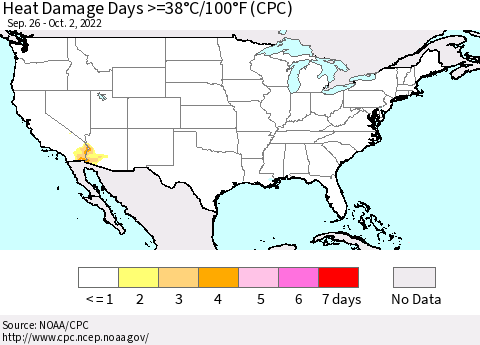 United States Heat Damage Days >=38°C/100°F (CPC) Thematic Map For 9/26/2022 - 10/2/2022