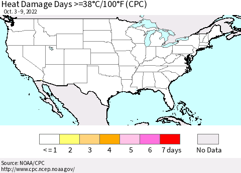 United States Heat Damage Days >=38°C/100°F (CPC) Thematic Map For 10/3/2022 - 10/9/2022