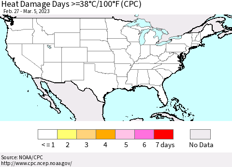 United States Heat Damage Days >=38°C/100°F (CPC) Thematic Map For 2/27/2023 - 3/5/2023