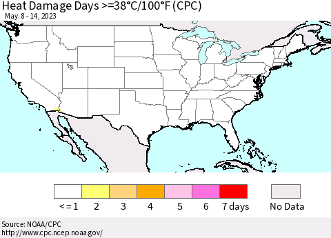 United States Heat Damage Days >=38°C/100°F (CPC) Thematic Map For 5/8/2023 - 5/14/2023