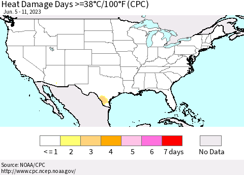 United States Heat Damage Days >=38°C/100°F (CPC) Thematic Map For 6/5/2023 - 6/11/2023
