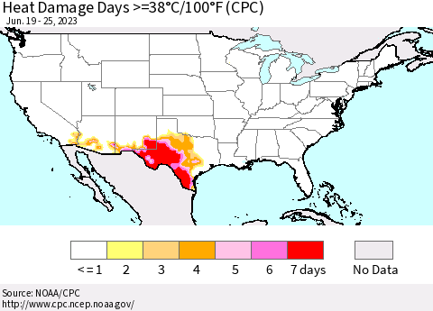 United States Heat Damage Days >=38°C/100°F (CPC) Thematic Map For 6/19/2023 - 6/25/2023