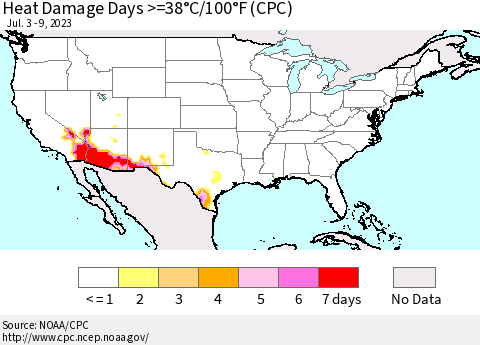 United States Heat Damage Days >=38°C/100°F (CPC) Thematic Map For 7/3/2023 - 7/9/2023