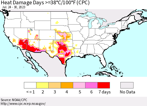 United States Heat Damage Days >=38°C/100°F (CPC) Thematic Map For 7/24/2023 - 7/30/2023