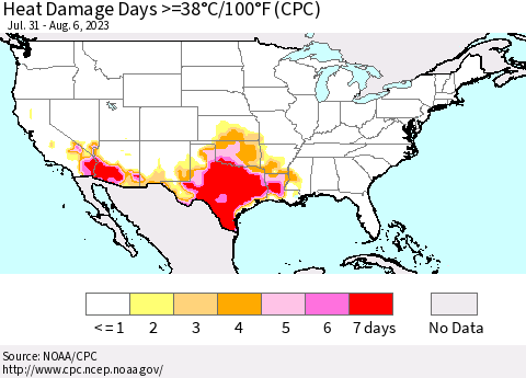 United States Heat Damage Days >=38°C/100°F (CPC) Thematic Map For 7/31/2023 - 8/6/2023