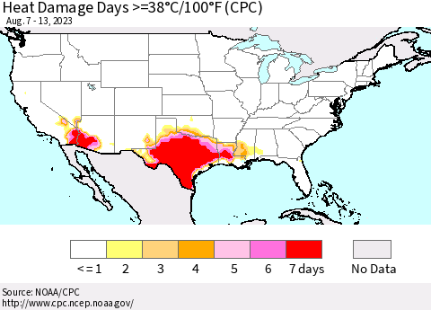 United States Heat Damage Days >=38°C/100°F (CPC) Thematic Map For 8/7/2023 - 8/13/2023