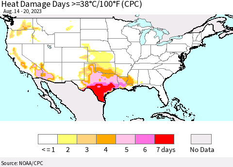United States Heat Damage Days >=38°C/100°F (CPC) Thematic Map For 8/14/2023 - 8/20/2023