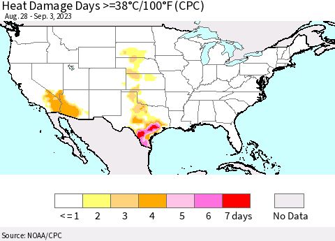 United States Heat Damage Days >=38°C/100°F (CPC) Thematic Map For 8/28/2023 - 9/3/2023
