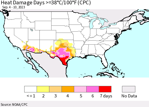United States Heat Damage Days >=38°C/100°F (CPC) Thematic Map For 9/4/2023 - 9/10/2023