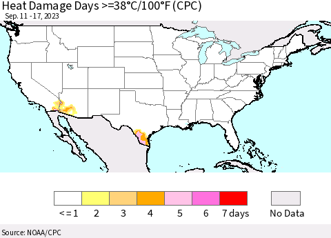 United States Heat Damage Days >=38°C/100°F (CPC) Thematic Map For 9/11/2023 - 9/17/2023