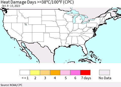United States Heat Damage Days >=38°C/100°F (CPC) Thematic Map For 10/9/2023 - 10/15/2023
