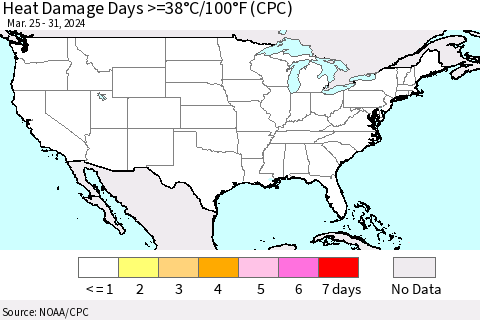 United States Heat Damage Days >=38°C/100°F (CPC) Thematic Map For 3/25/2024 - 3/31/2024