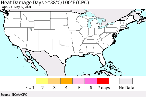 United States Heat Damage Days >=38°C/100°F (CPC) Thematic Map For 4/29/2024 - 5/5/2024
