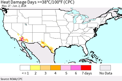 United States Heat Damage Days >=38°C/100°F (CPC) Thematic Map For 5/27/2024 - 6/2/2024