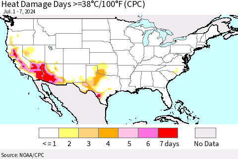 United States Heat Damage Days >=38°C/100°F (CPC) Thematic Map For 7/1/2024 - 7/7/2024