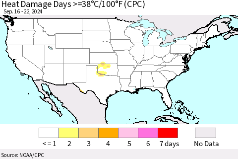 United States Heat Damage Days >=38°C/100°F (CPC) Thematic Map For 9/16/2024 - 9/22/2024