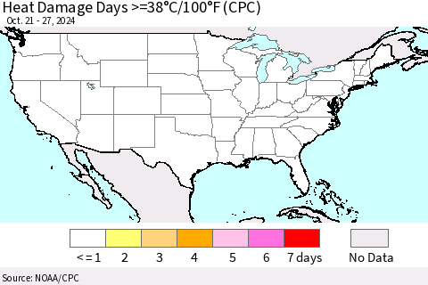 United States Heat Damage Days >=38°C/100°F (CPC) Thematic Map For 10/21/2024 - 10/27/2024