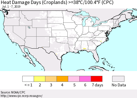 United States Heat Damage Days (Croplands) >=38°C/100°F (CPC) Thematic Map For 7/1/2019 - 7/7/2019