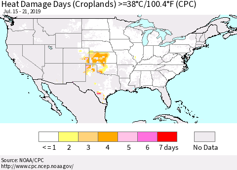 United States Heat Damage Days (Croplands) >=38°C/100°F (CPC) Thematic Map For 7/15/2019 - 7/21/2019