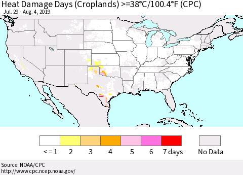 United States Heat Damage Days (Croplands) >=38°C/100°F (CPC) Thematic Map For 7/29/2019 - 8/4/2019