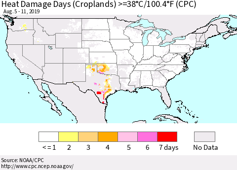 United States Heat Damage Days (Croplands) >=38°C/100°F (CPC) Thematic Map For 8/5/2019 - 8/11/2019
