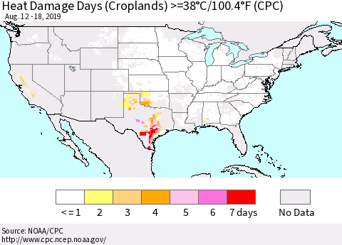 United States Heat Damage Days (Croplands) >=38°C/100°F (CPC) Thematic Map For 8/12/2019 - 8/18/2019