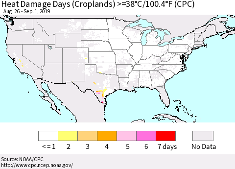 United States Heat Damage Days (Croplands) >=38°C/100°F (CPC) Thematic Map For 8/26/2019 - 9/1/2019