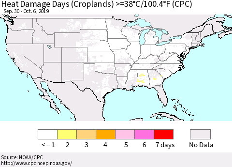 United States Heat Damage Days (Croplands) >=38°C/100°F (CPC) Thematic Map For 9/30/2019 - 10/6/2019