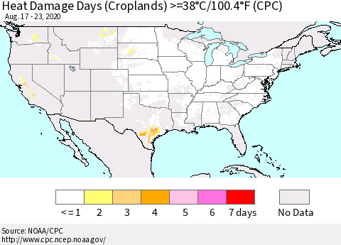 United States Heat Damage Days (Croplands) >=38°C/100°F (CPC) Thematic Map For 8/17/2020 - 8/23/2020