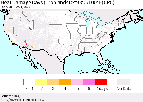 United States Heat Damage Days (Croplands) >=38°C/100°F (CPC) Thematic Map For 9/28/2020 - 10/4/2020