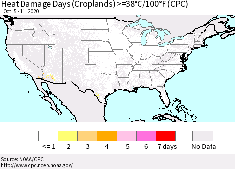 United States Heat Damage Days (Croplands) >=38°C/100°F (CPC) Thematic Map For 10/5/2020 - 10/11/2020