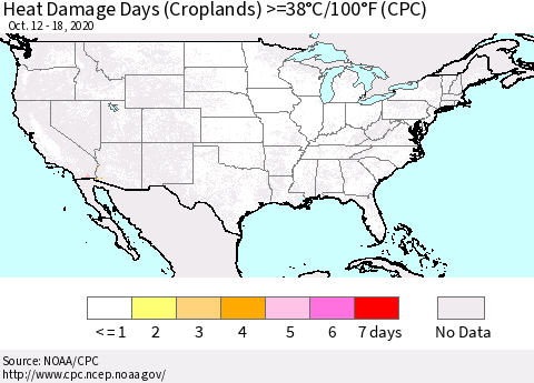 United States Heat Damage Days (Croplands) >=38°C/100°F (CPC) Thematic Map For 10/12/2020 - 10/18/2020