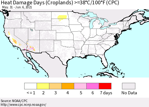 United States Heat Damage Days (Croplands) >=38°C/100.4°F (CPC) Thematic Map For 5/31/2021 - 6/6/2021