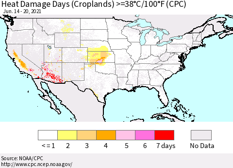 United States Heat Damage Days (Croplands) >=38°C/100°F (CPC) Thematic Map For 6/14/2021 - 6/20/2021