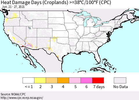 United States Heat Damage Days (Croplands) >=38°C/100.4°F (CPC) Thematic Map For 6/21/2021 - 6/27/2021
