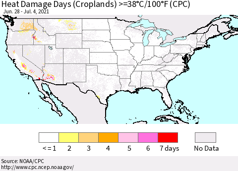 United States Heat Damage Days (Croplands) >=38°C/100.4°F (CPC) Thematic Map For 6/28/2021 - 7/4/2021