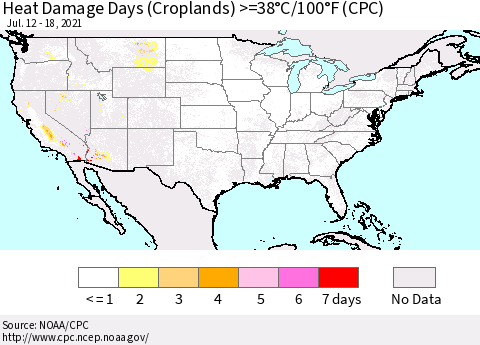 United States Heat Damage Days (Croplands) >=38°C/100°F (CPC) Thematic Map For 7/12/2021 - 7/18/2021