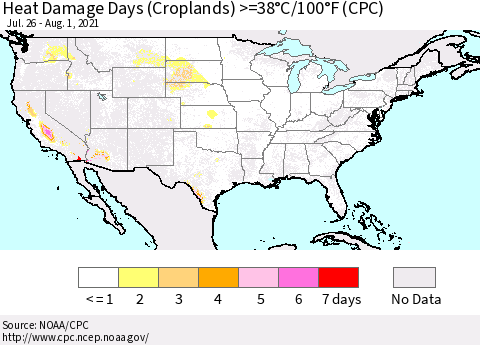 United States Heat Damage Days (Croplands) >=38°C/100.4°F (CPC) Thematic Map For 7/26/2021 - 8/1/2021