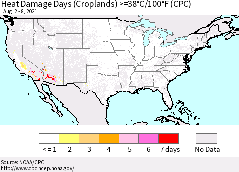 United States Heat Damage Days (Croplands) >=38°C/100°F (CPC) Thematic Map For 8/2/2021 - 8/8/2021