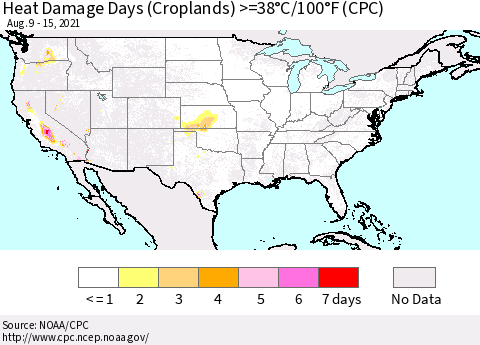 United States Heat Damage Days (Croplands) >=38°C/100°F (CPC) Thematic Map For 8/9/2021 - 8/15/2021