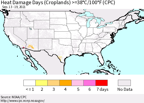United States Heat Damage Days (Croplands) >=38°C/100.4°F (CPC) Thematic Map For 9/13/2021 - 9/19/2021