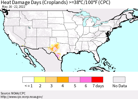 United States Heat Damage Days (Croplands) >=38°C/100.4°F (CPC) Thematic Map For 5/16/2022 - 5/22/2022
