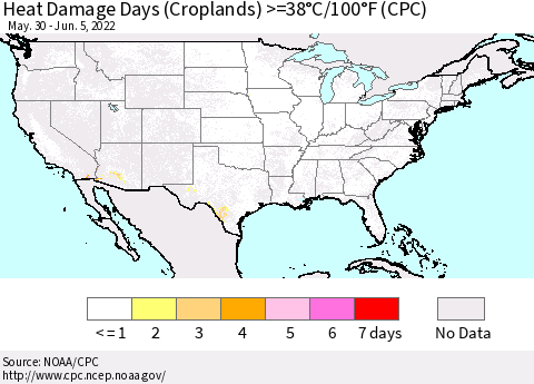 United States Heat Damage Days (Croplands) >=38°C/100.4°F (CPC) Thematic Map For 5/30/2022 - 6/5/2022