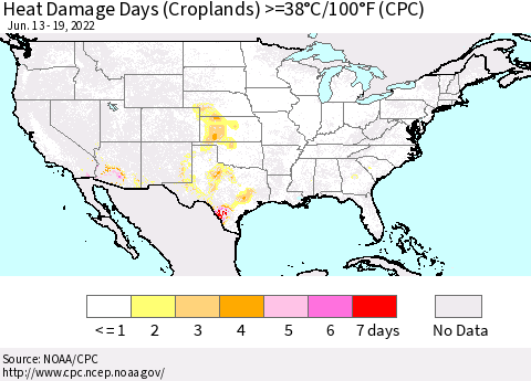 United States Heat Damage Days (Croplands) >=38°C/100.4°F (CPC) Thematic Map For 6/13/2022 - 6/19/2022
