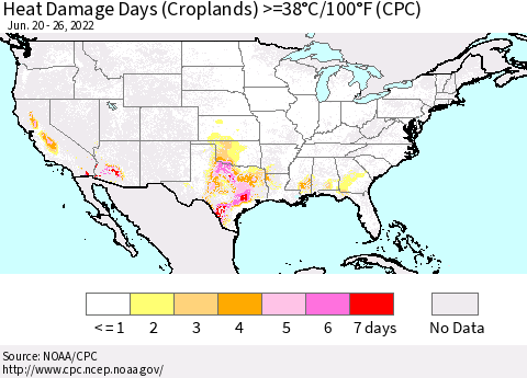 United States Heat Damage Days (Croplands) >=38°C/100°F (CPC) Thematic Map For 6/20/2022 - 6/26/2022