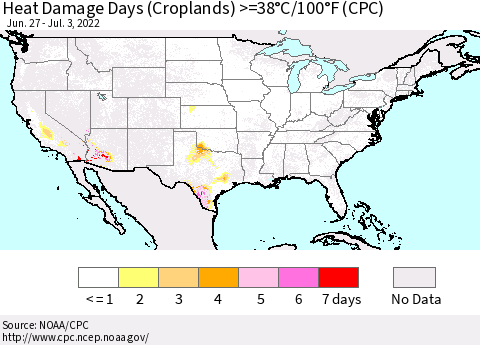 United States Heat Damage Days (Croplands) >=38°C/100°F (CPC) Thematic Map For 6/27/2022 - 7/3/2022
